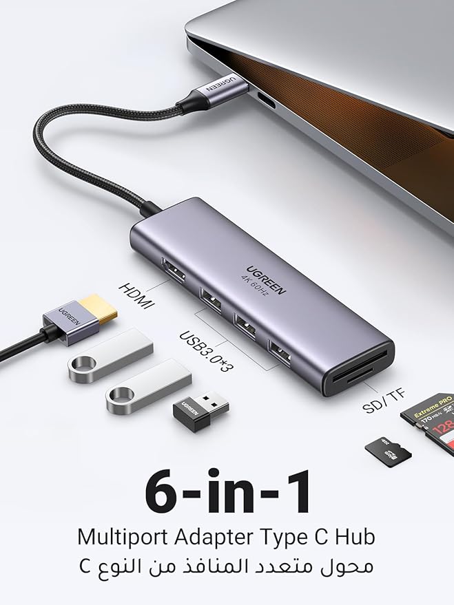 Ugreen 6 in 1 Hub USB-C to 4K HDMI + 3x USB 3.0 A + TF/SD CM280